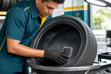 Profissional consertando um pneu em uma borracharia.