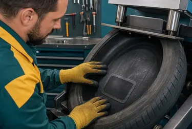 Profissional realizando vulcanização de um pneu na borracharia.