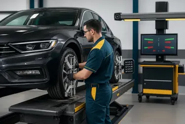 Técnico alinhando as rodas de um carro na borracharia.