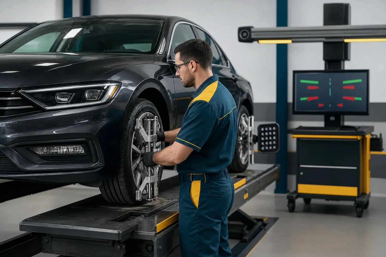 Técnico alinhando as rodas de um carro na borracharia.