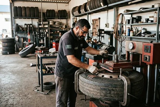 Vulcanização de pneu sendo feita por um técnico.
